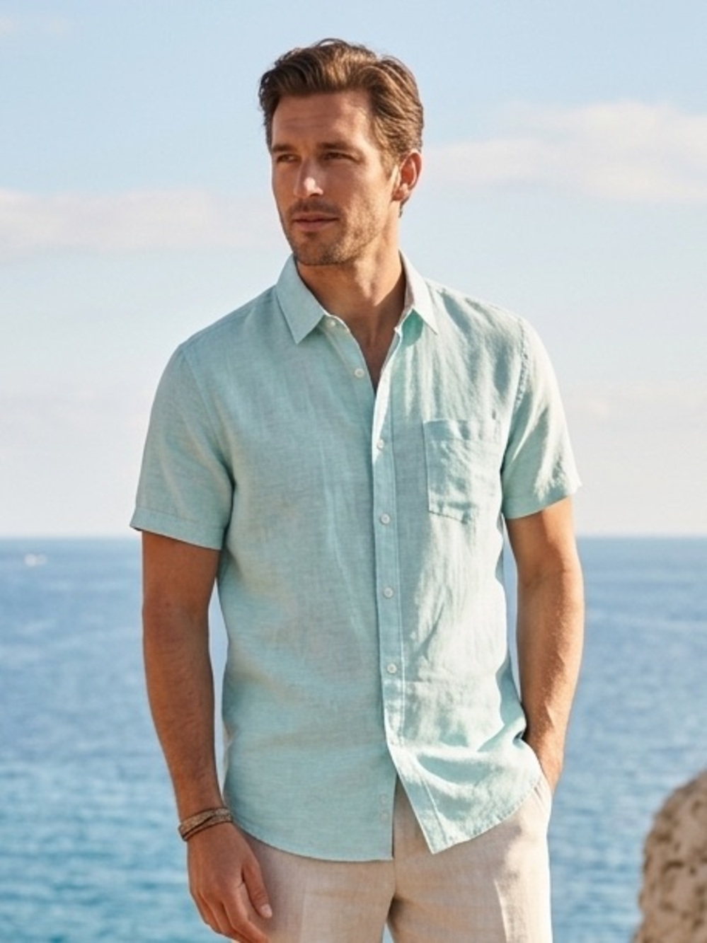 NWTMarc Anthony Sz M Slim Fit Linen Blend Blue Short Sleeve Button Up